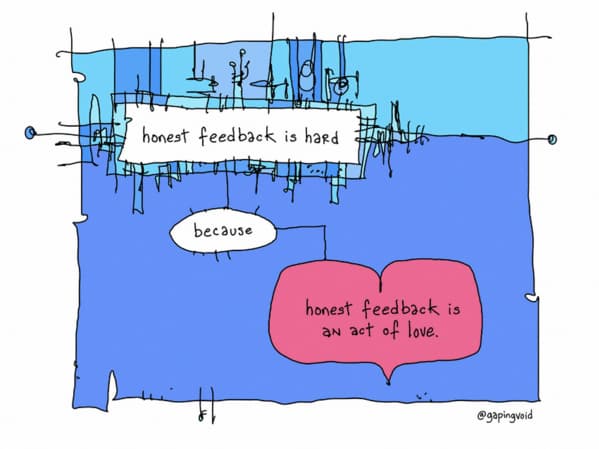 Custom graphic from @gapingvoid showing the saying Honest Feedback is hard > Because > Honest Feedback is Love