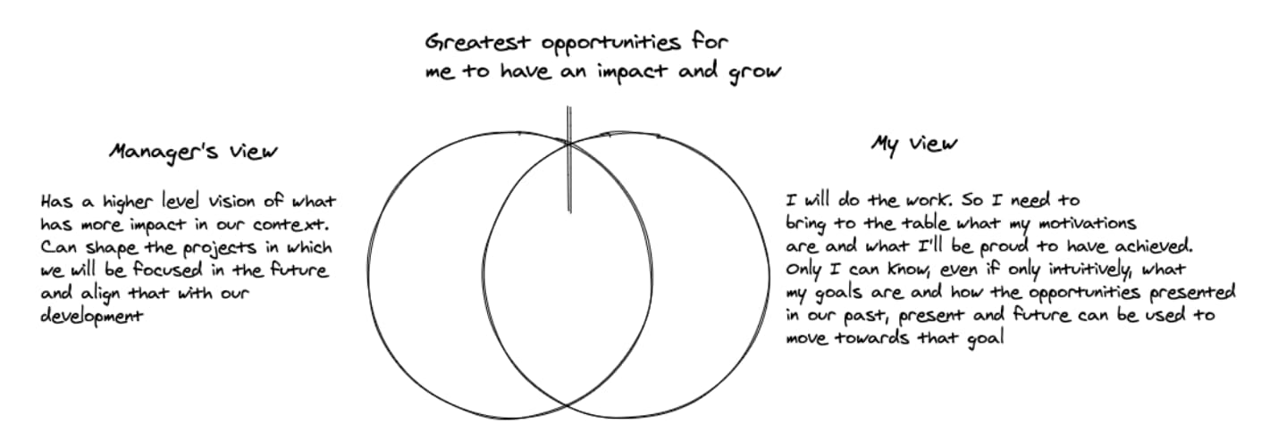 A Venn diagram showing that the greates opportunities usually lie in the intersection of our view and our manager's view