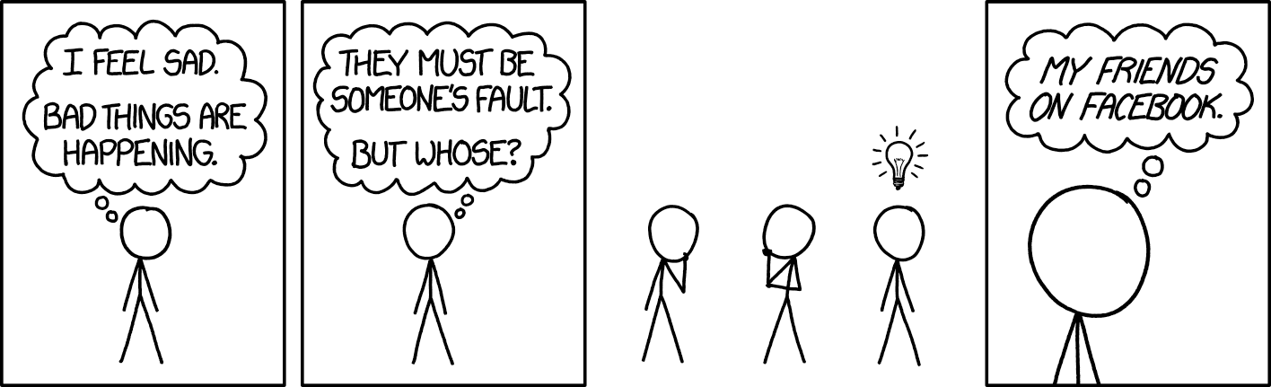 XKCD comic script about blame. 'I feel sad, bad things are happening', 'They must be someone else's fault. But whose?'. 'Aha! My friends on