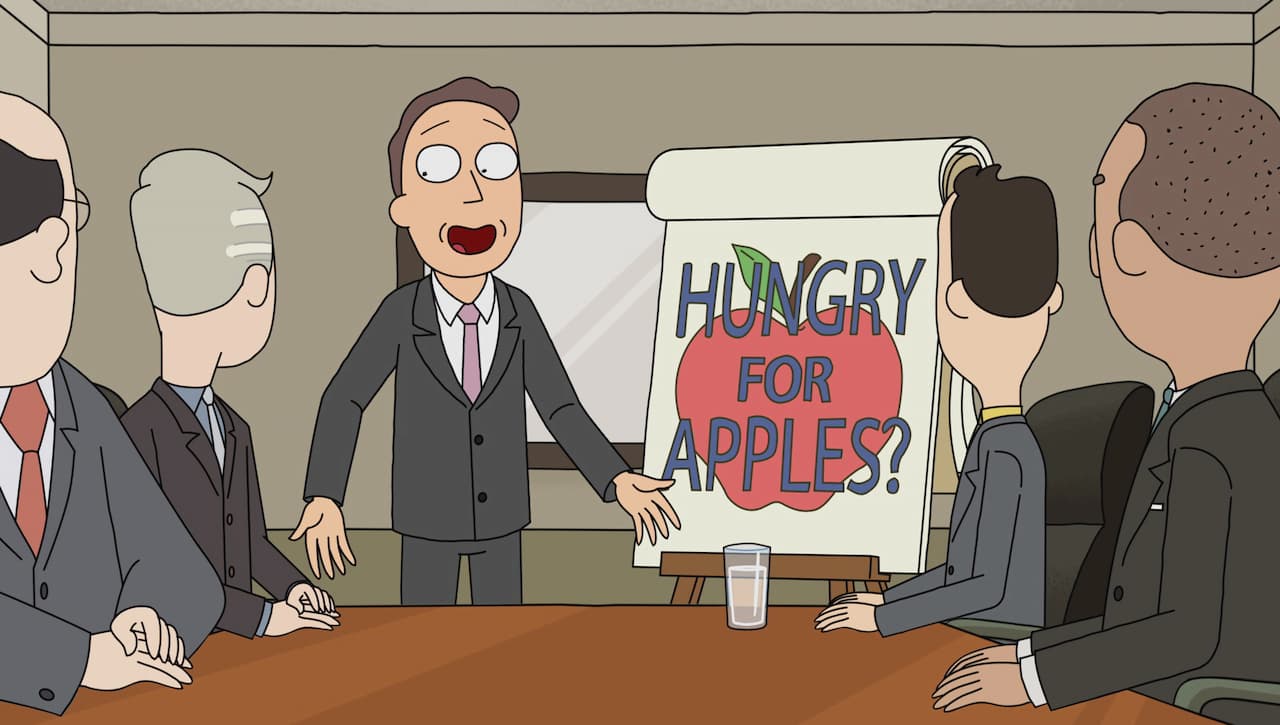 Jerry Smith, a cartoon character from the show Rick and Morty is presenting an Ad idea "Hungry for Apples" to an Apple Company