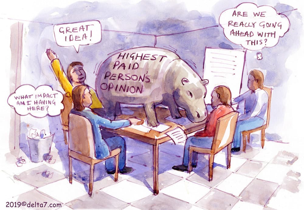 A hippo at the top of a table written "Highest Paid Person's Opinion". Around the table there are different people, one that screams that they agree and others who are only thinking that they don't agree, but not sharing"